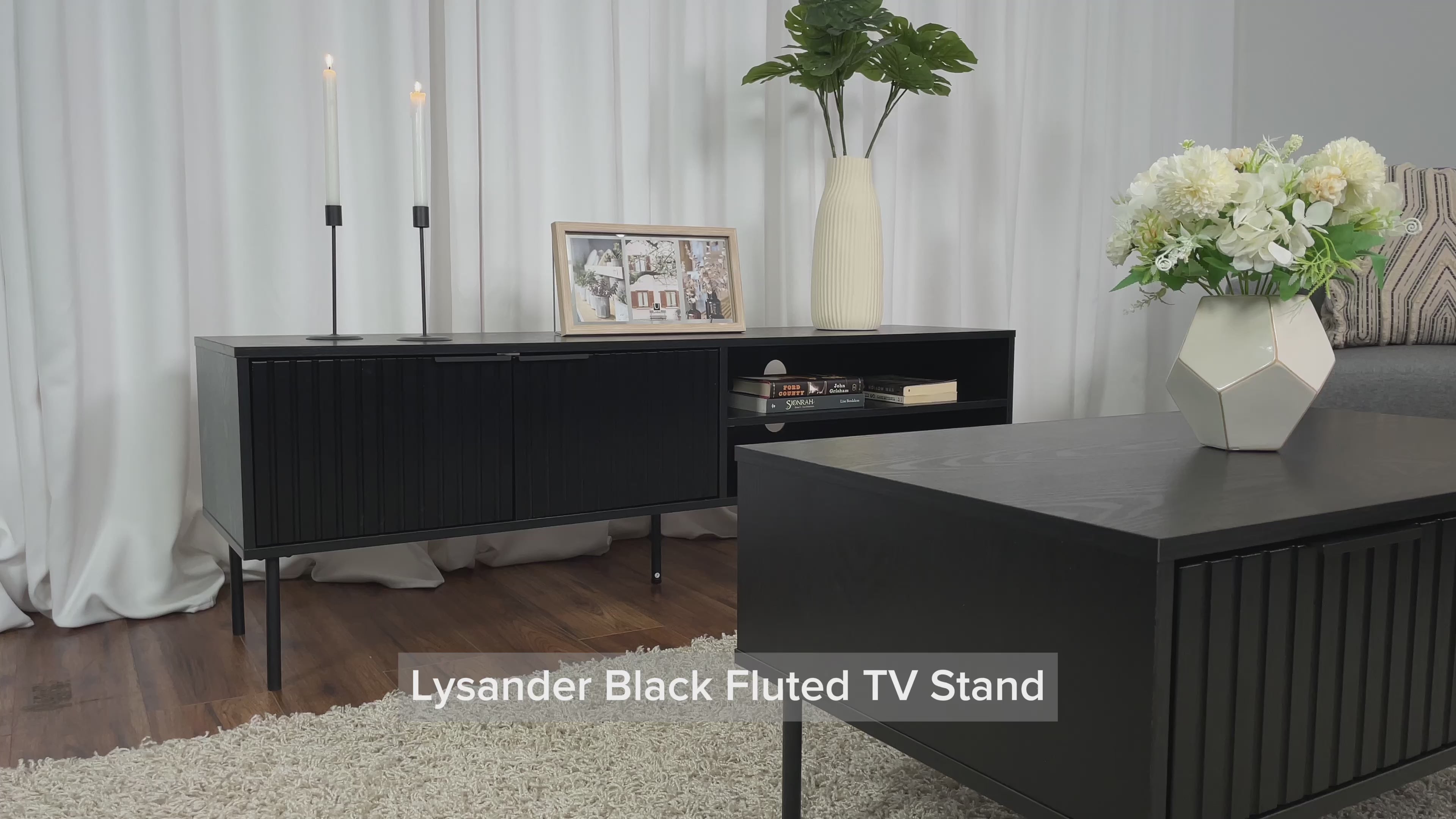 Load video: Lysander Black Fluted TV Stand Product Video