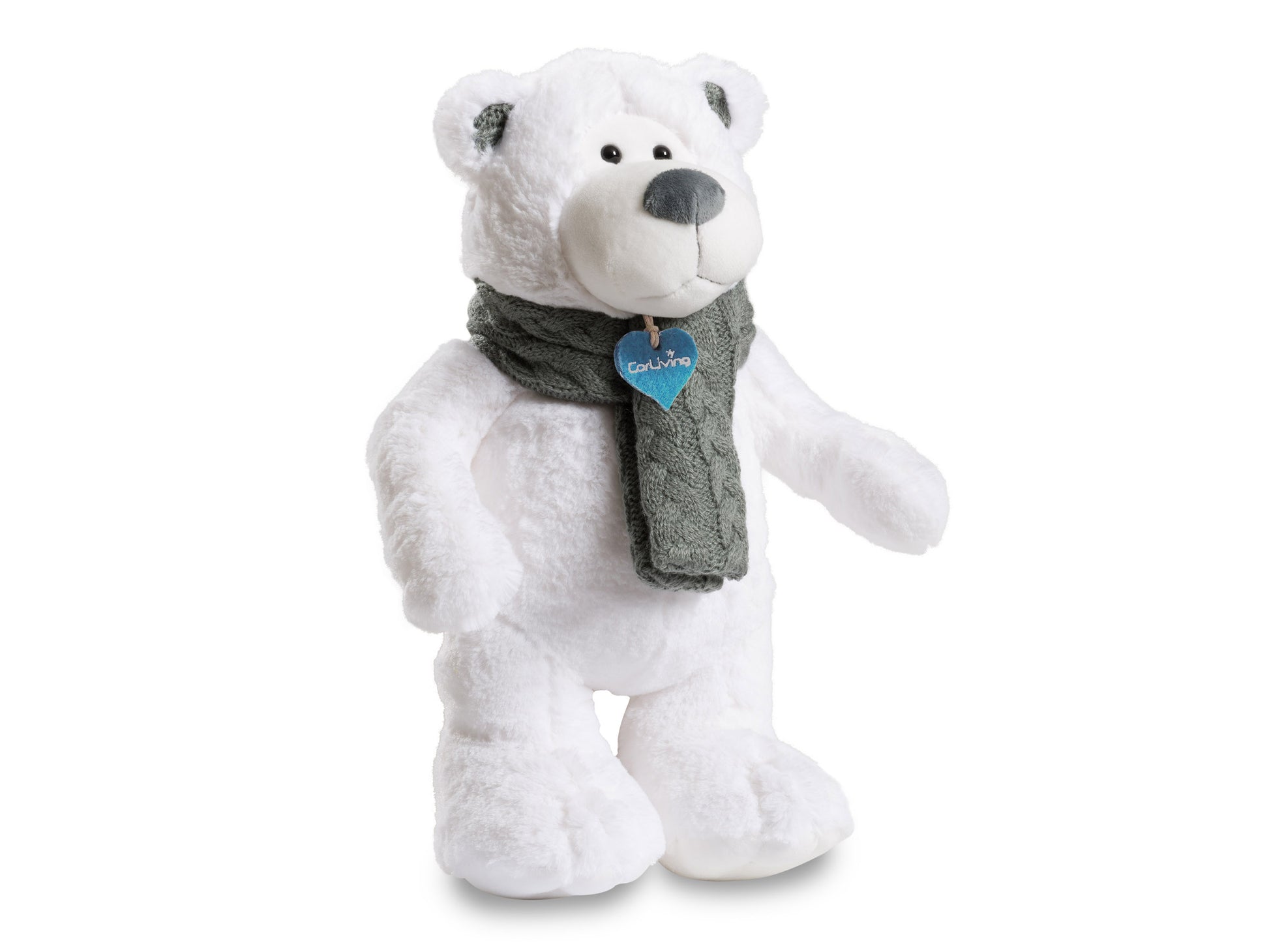Grey fabric armchair with wooden legs, featuring a plush bear named Winston sitting on the seat. The chair has a modern design with clean lines, making it a stylish addition to any living room or nursery.