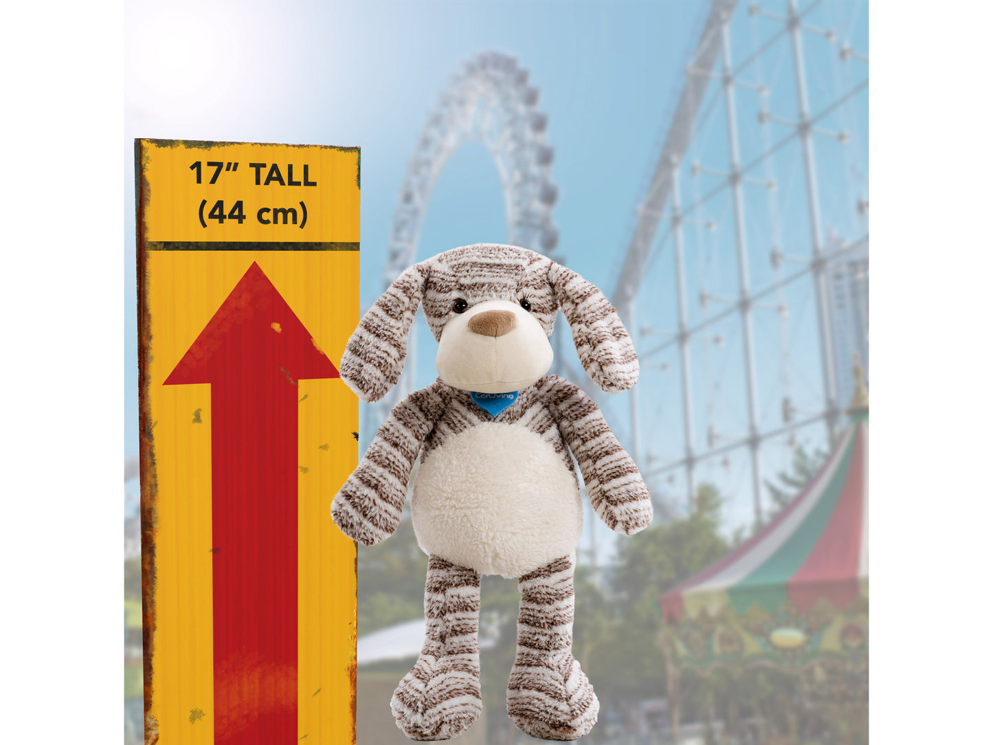 Plush dog toy with soft brown fur, white snout, floppy ears, and black nose, named Luka. Ideal for children and charity donations.