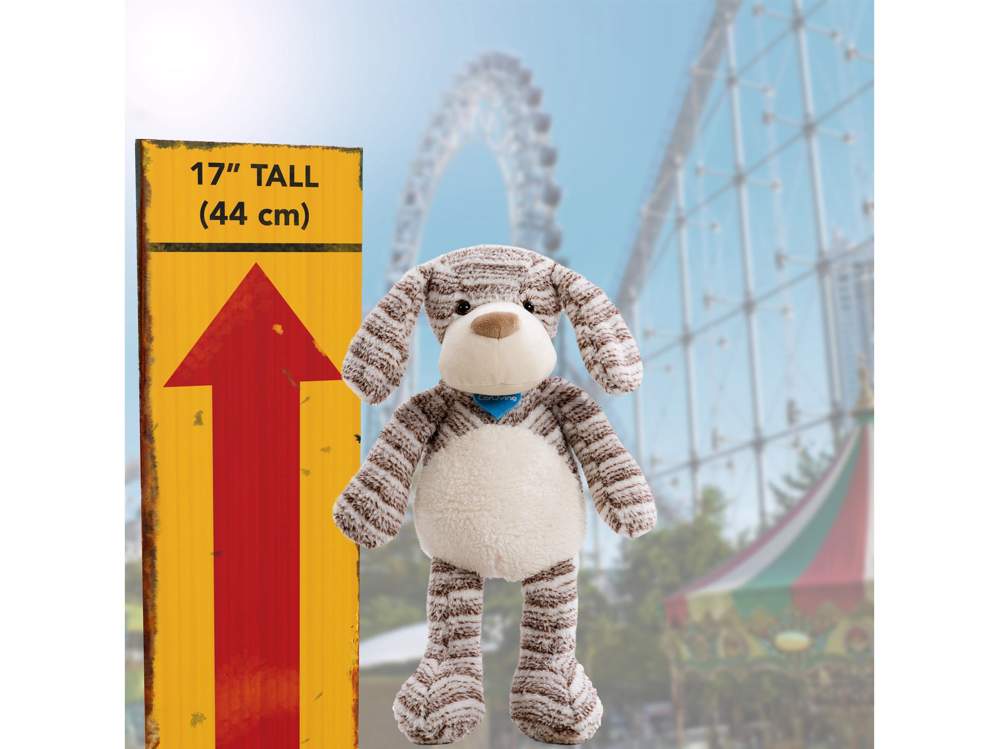 Plush dog toy with soft brown fur, white snout, floppy ears, and black nose, named Luka. Ideal for children and charity donations.