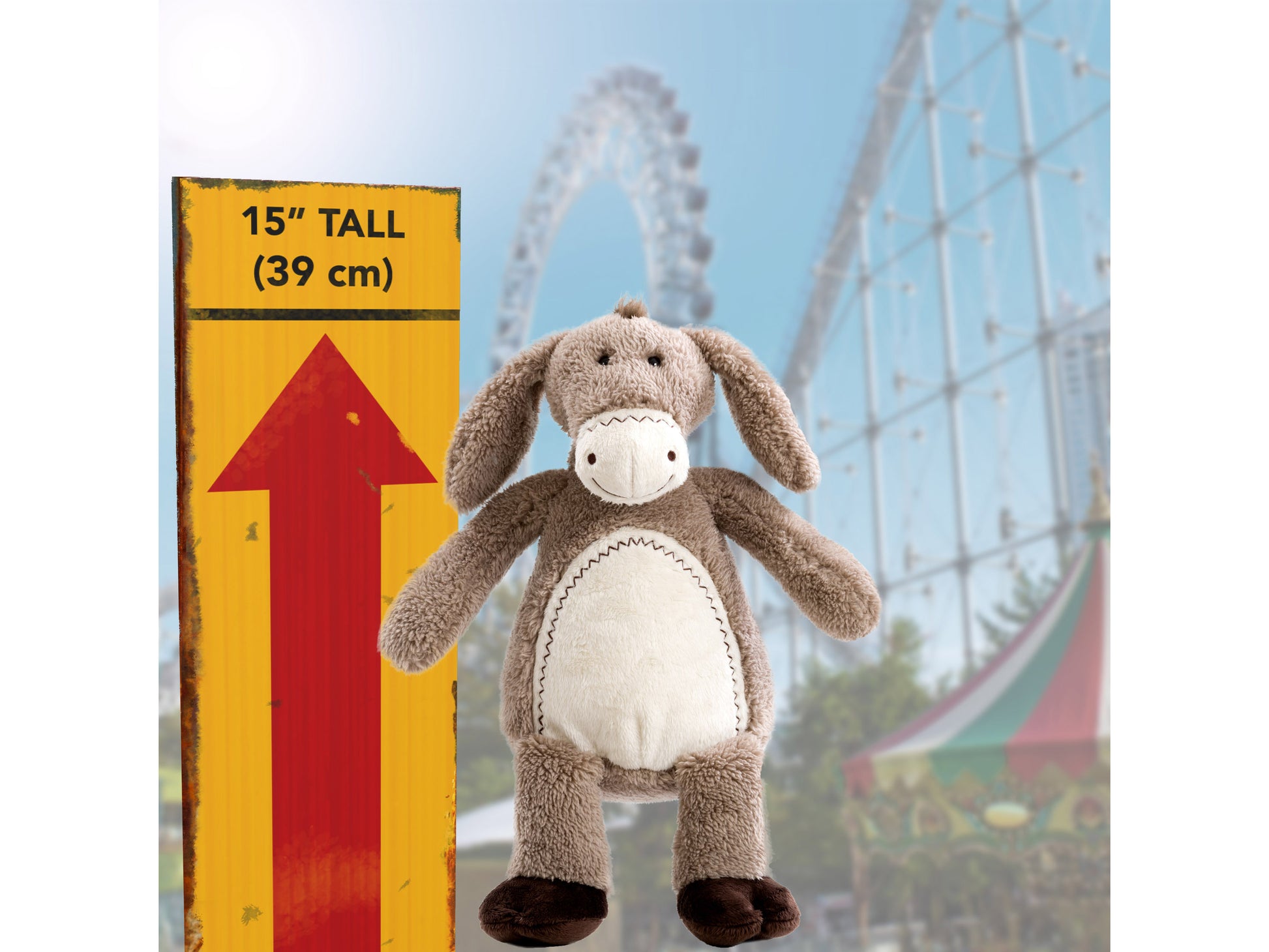 Gray plush donkey with white snout, black hooves, and floppy ears, featuring soft, textured fabric. Ideal for kids, collectors, and charity supporters.