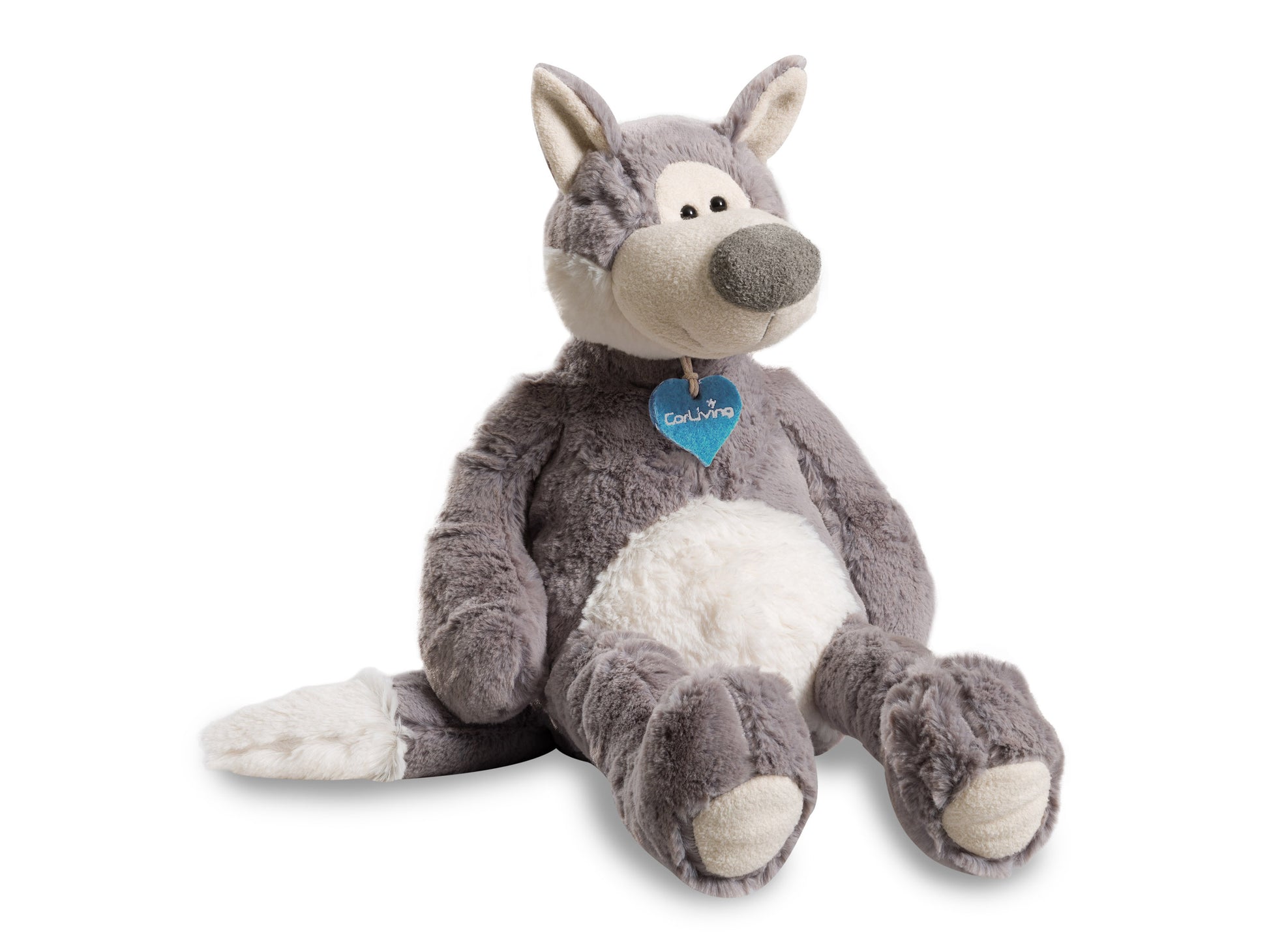 Gray plush wolf toy with soft fur, white underbelly, and black nose, sitting upright. Designed for charity, Samuel the Plush Wolf features realistic details and is perfect for cuddling.