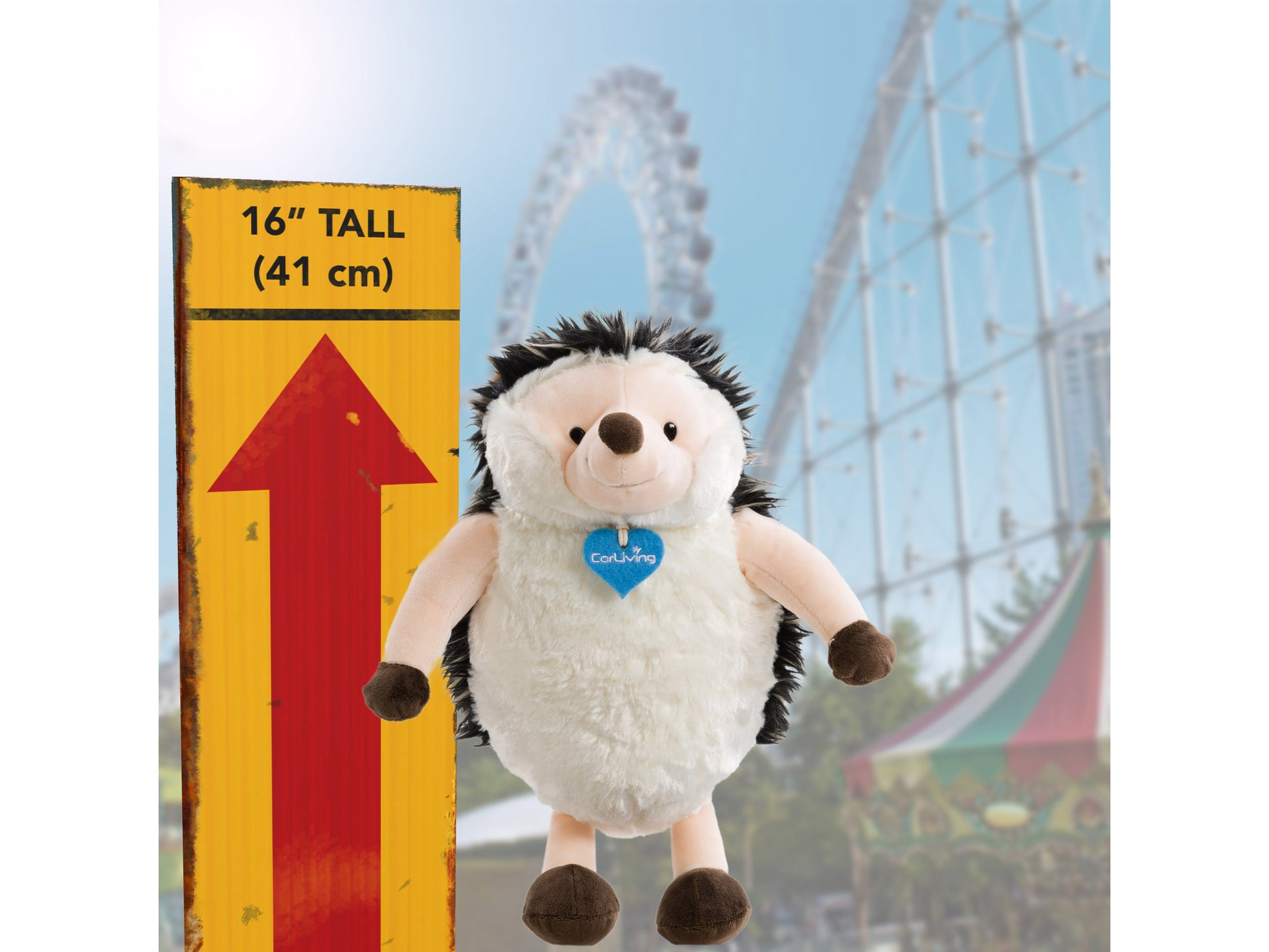 Soft, plush hedgehog toy named Petie with brown and white fur, black eyes, and a cute snout. Ideal for children and supports charity.