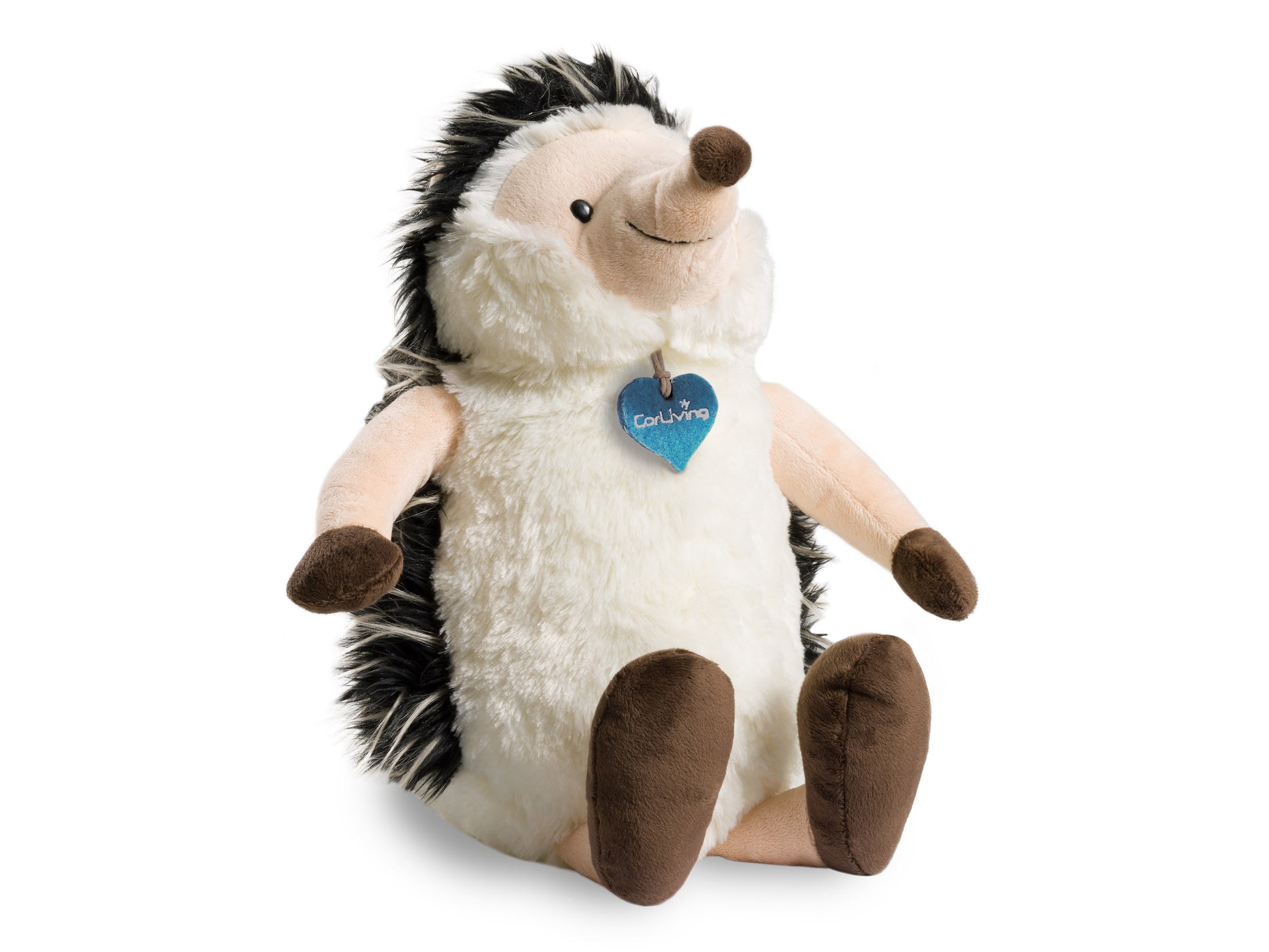 Charity plush toy, Petie the Plush Hedgehog, with soft brown fur, white belly, and endearing black eyes, perfect for cuddling and supporting a good cause.