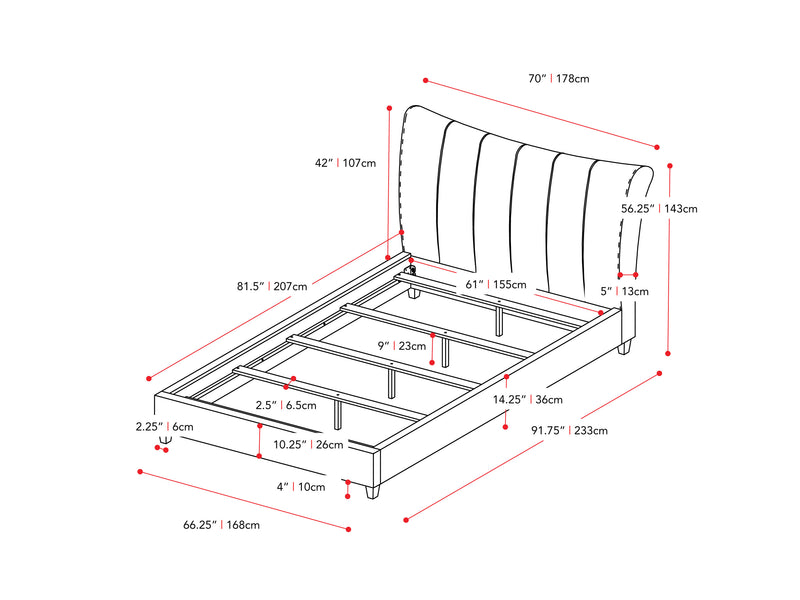 navy blue Channel Tufted Queen Bed Rosewell Collection measurements diagram by CorLiving