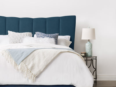 navy blue Channel Tufted Queen Bed Rosewell Collection lifestyle scene by CorLiving#color_navy-blue