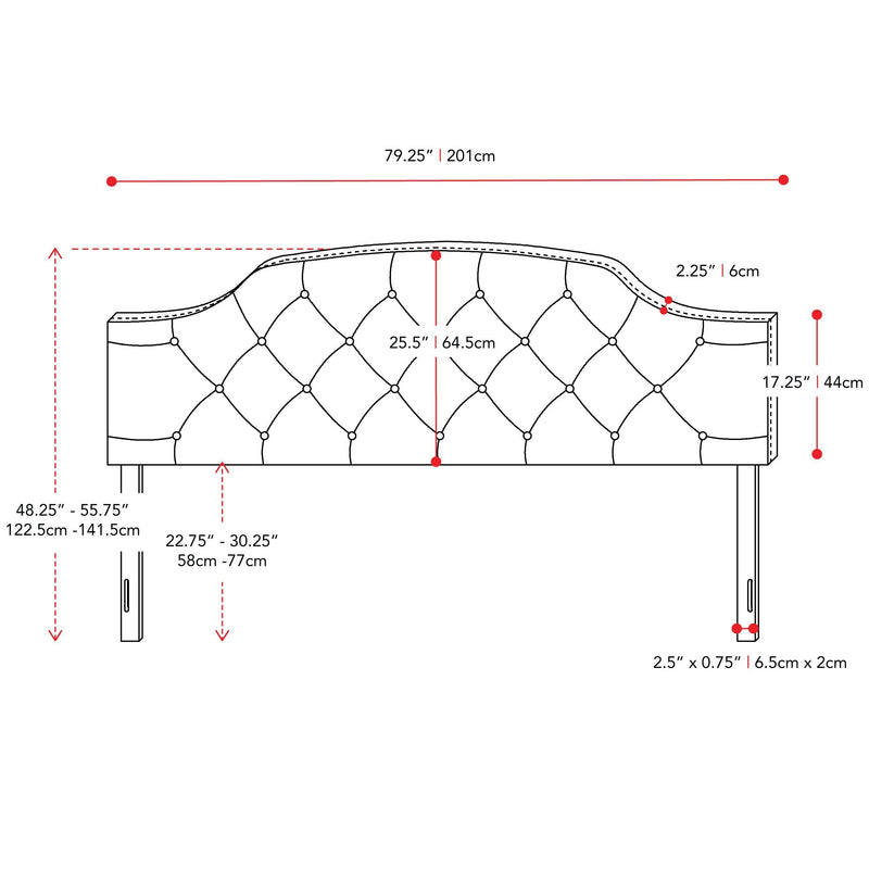 dark grey Diamond Tufted Headboard, King Calera Collection measurements diagram by CorLiving