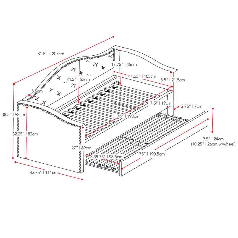 navy blue Twin Daybed with Trundle Amara Collection measurements diagram by CorLiving