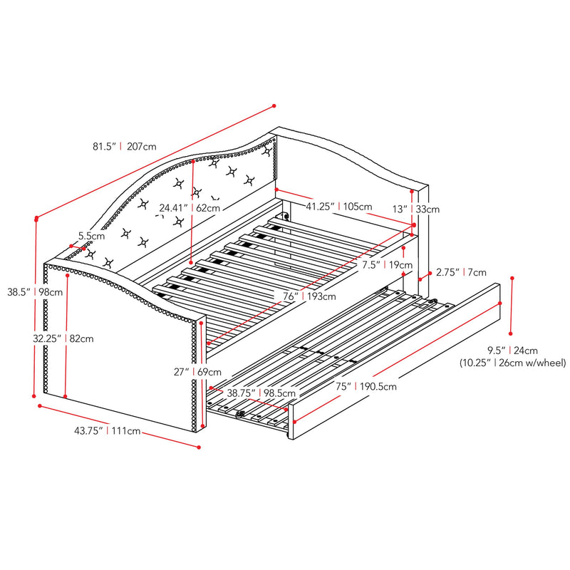 grey Twin Daybed with Trundle Amara Collection measurements diagram by CorLiving