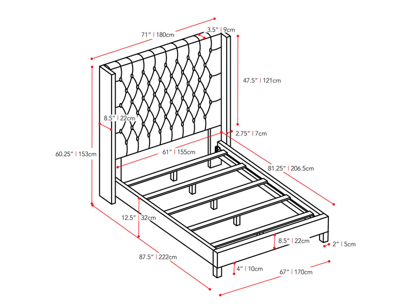 cream Tufted Queen Bed Fairfield Collection measurements diagram by CorLiving