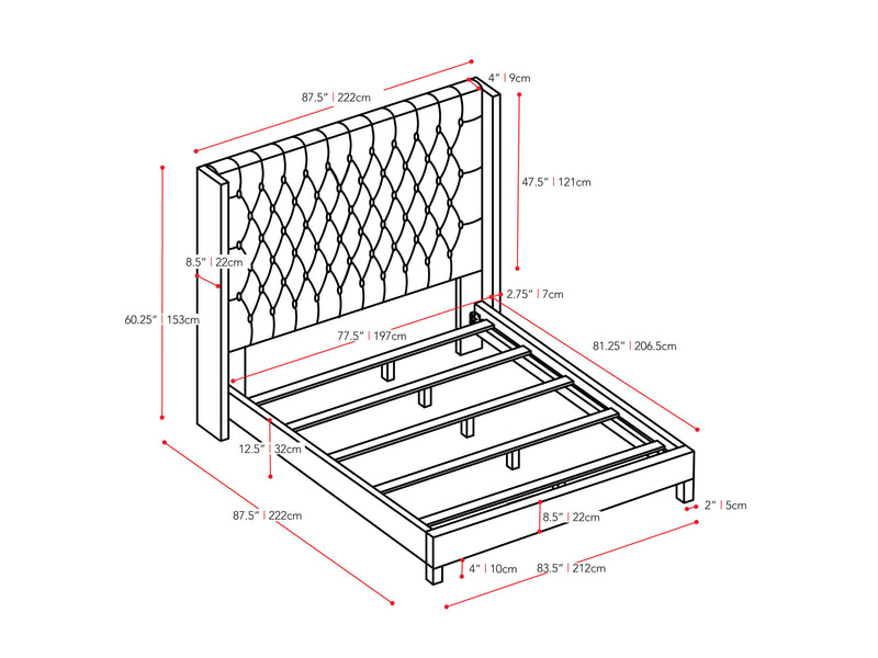 dark grey Tufted King Bed Fairfield Collection measurements diagram by CorLiving