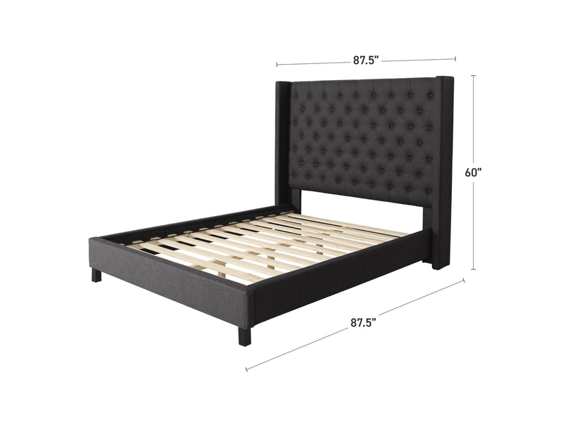 dark grey Tufted King Bed with Slats Fairfield Collection measurements diagram by CorLiving
