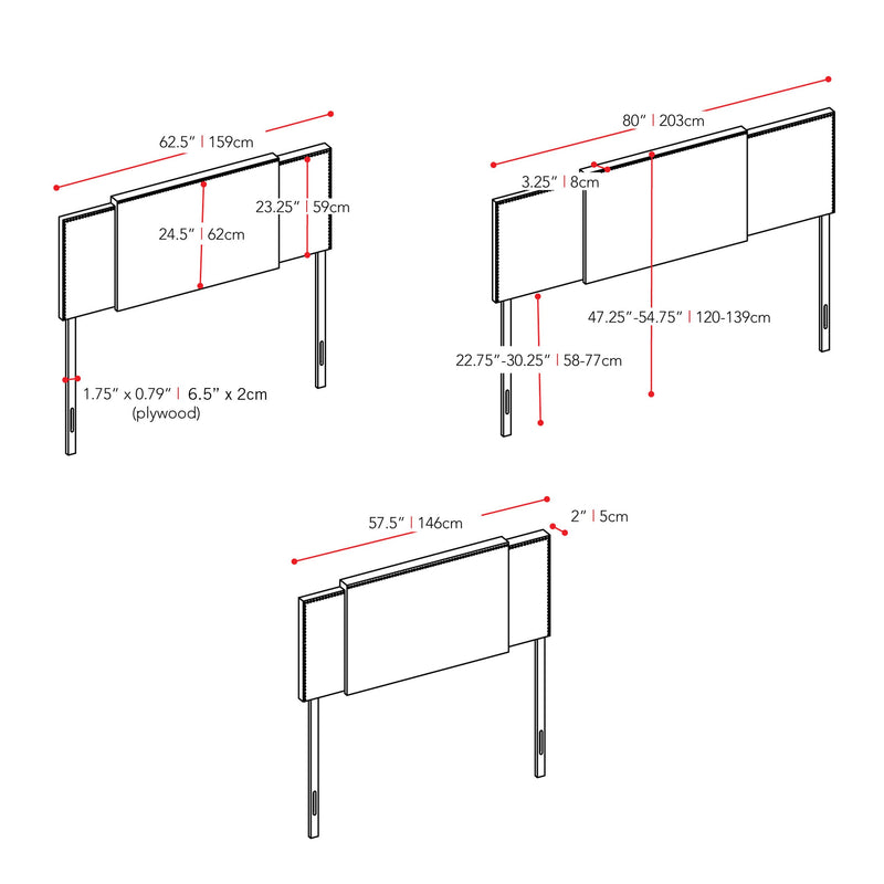 navy blue Expandable Headboard, Full / Queen / King Mia Collection measurements diagram by CorLiving