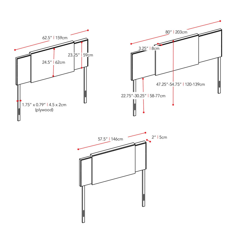 grey Expandable Headboard, Full / Queen / King Mia Collection measurements diagram by CorLiving