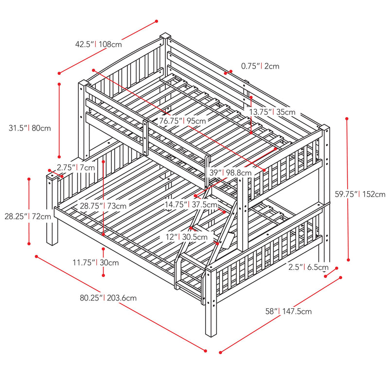 pink Twin Over Full Bunk Bed Dakota Collection measurements diagram by CorLiving