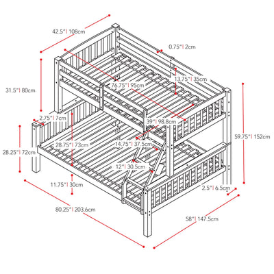 walnut brown Twin Over Full Bunk Bed Dakota Collection measurements diagram by CorLiving#color_walnut-brown