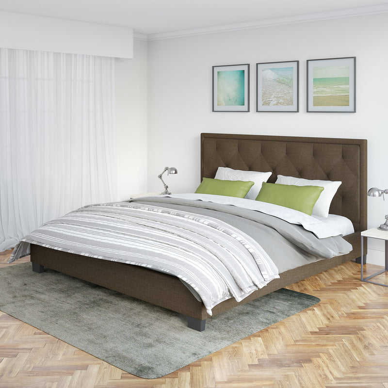 brown King Bed Frame with Headboard CorLiving Collection lifestyle scene by CorLiving