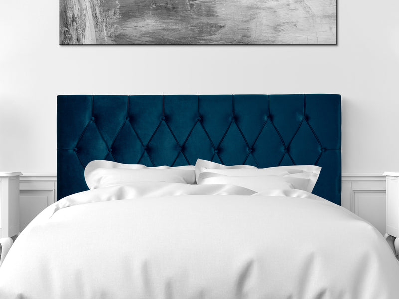 navy blue Velvet Headboard, Queen Catalina Collection lifestyle scene by CorLiving