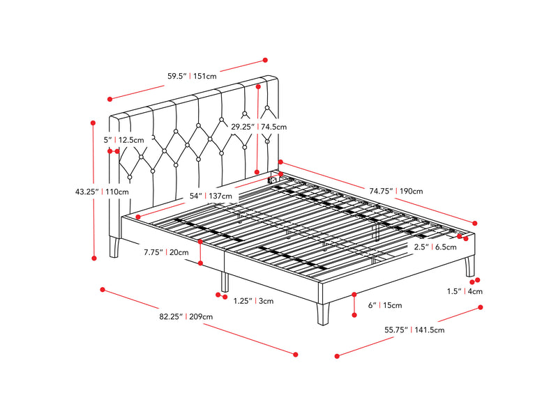 dark grey Button Tufted Double / Full Bed Nova Ridge Collection measurements diagram by CorLiving