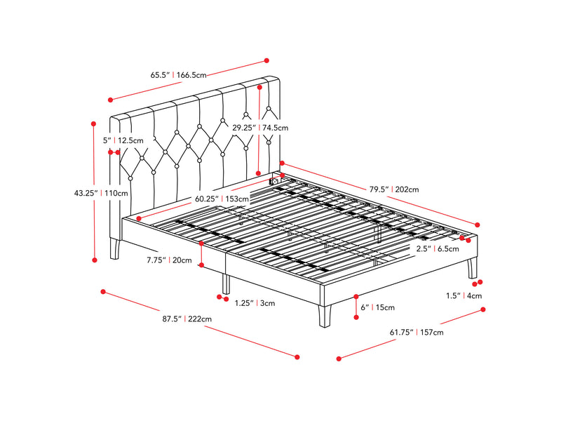 dark grey Button Tufted Queen Bed Nova Ridge Collection measurements diagram by CorLiving