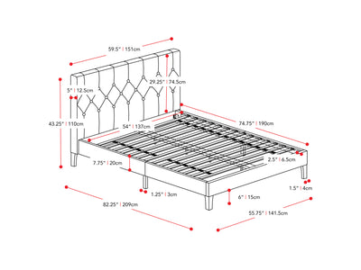 ocean blue Button Tufted Double / Full Bed Nova Ridge Collection measurements diagram by CorLiving#color_nova-ridge-ocean-blue