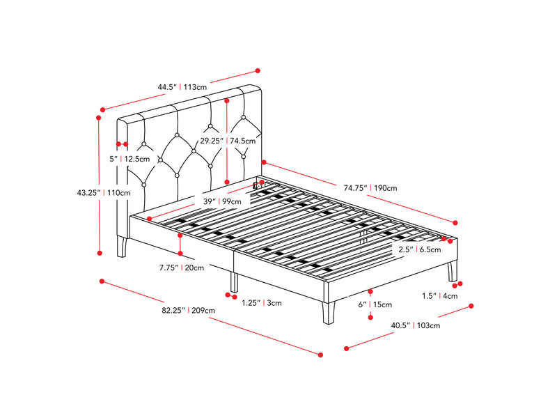 cream Button Tufted Twin / Single Bed Nova Ridge Collection measurements diagram by CorLiving