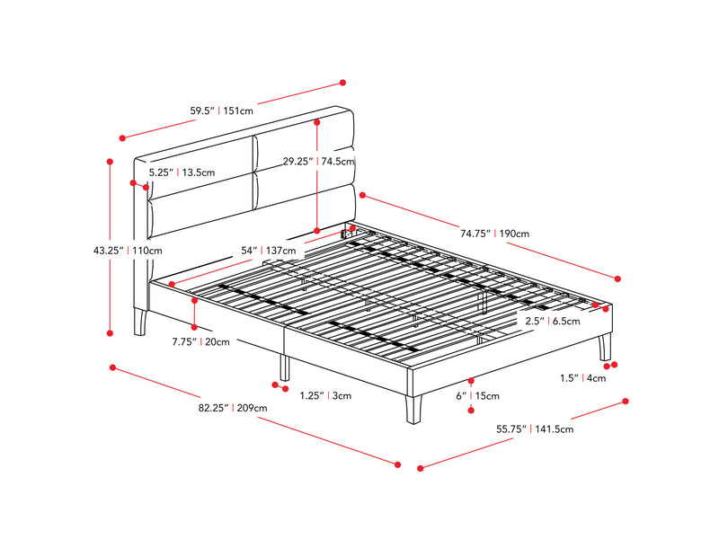 dark grey Upholstered Double / Full Bed Bellevue Collection measurements diagram by CorLiving