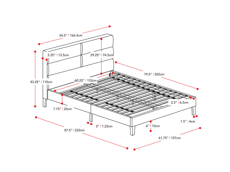 dark grey Upholstered Queen Bed Bellevue Collection measurements diagram by CorLiving