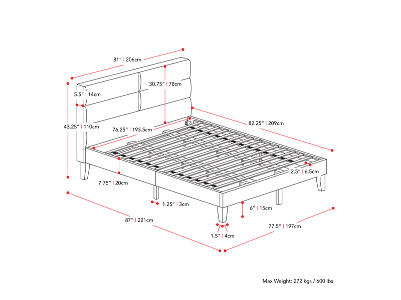 grey Upholstered King Bed Bellevue Collection measurements diagram by CorLiving