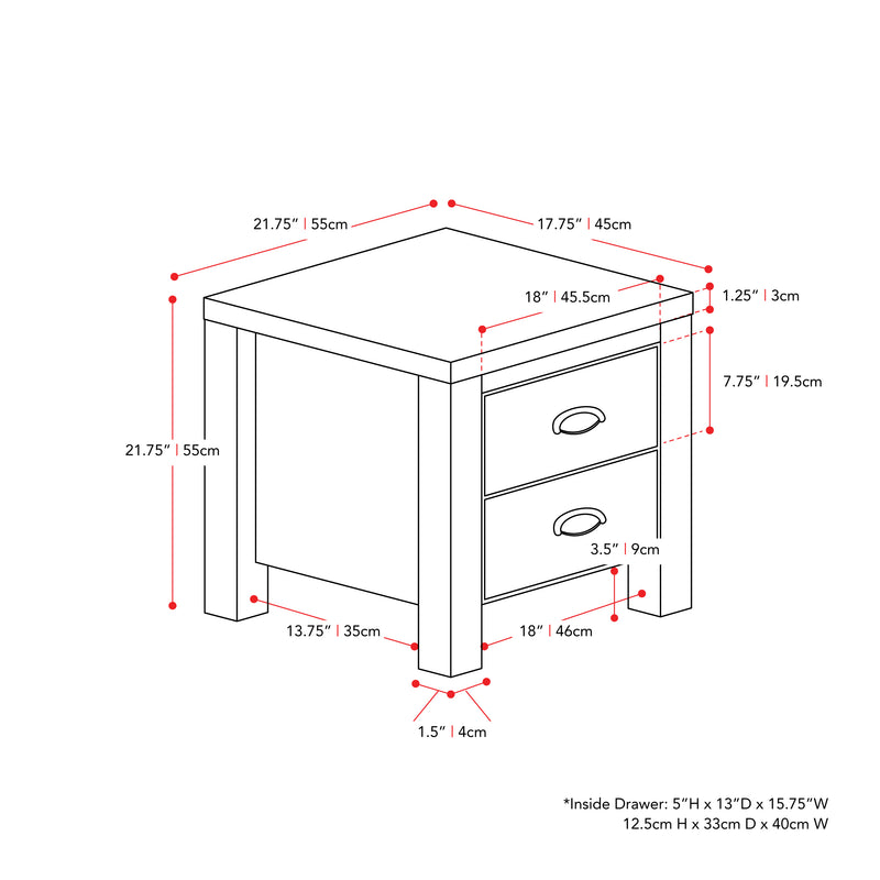 black 2 Drawer Night Stand Boston Collection measurements diagram by CorLiving