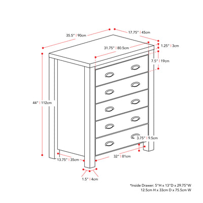black 5 Drawer Dresser Boston Collection measurements diagram by CorLiving#color_black
