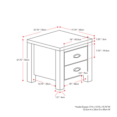 white 2 Drawer Night Stand Boston Collection measurements diagram by CorLiving#color_white