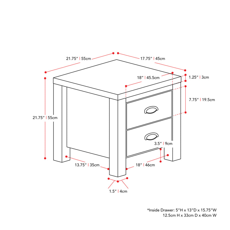 white 2 Drawer Night Stand Boston Collection measurements diagram by CorLiving