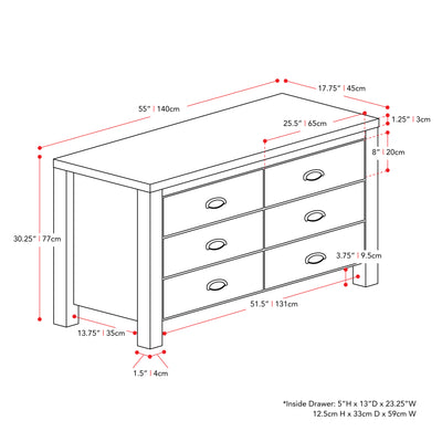 white 6 Drawer Dresser Boston Collection measurements diagram by CorLiving#color_white