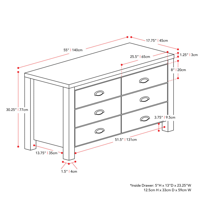 white 6 Drawer Dresser Boston Collection measurements diagram by CorLiving