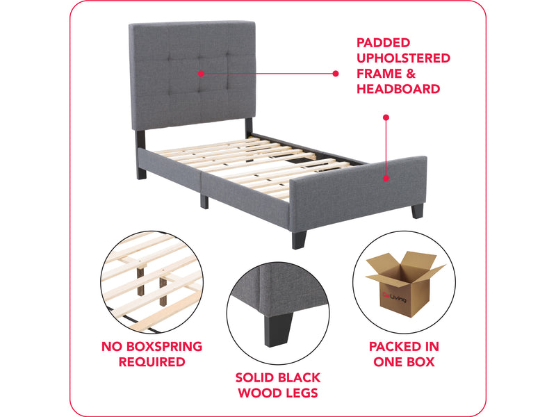 grey Twin / Single Panel Bed Ellery Collection infographic by CorLiving