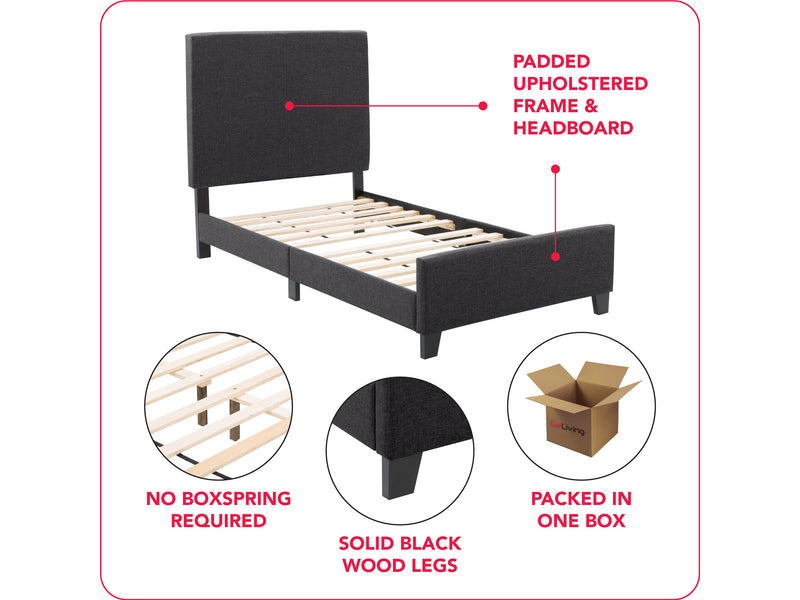 charcoal Contemporary Twin / Single Bed Juniper Collection infographic by CorLiving