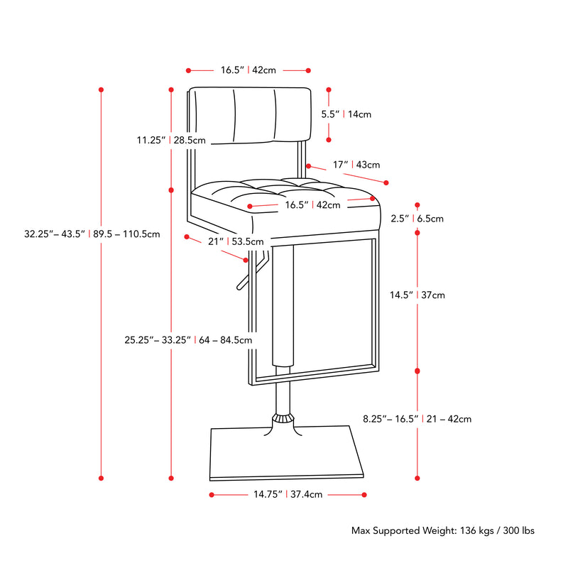 black Bar Stools Set of 2 Riley Collection measurements diagram by CorLiving