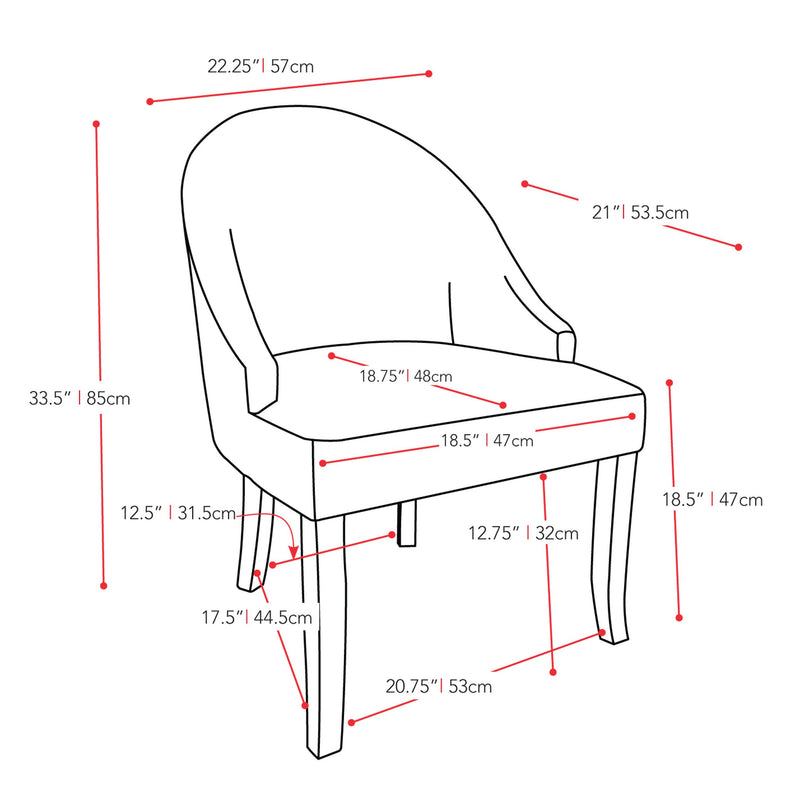 black Velvet Curved Chair CorLiving Collection measurements diagram by CorLiving