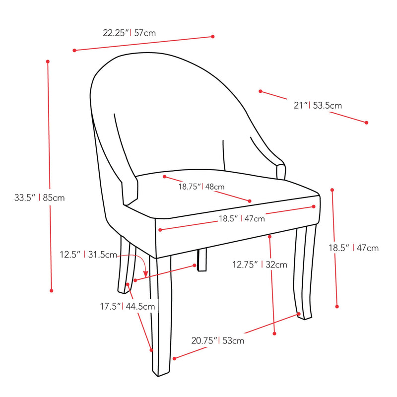 off white Velvet Curved Chair CorLiving Collection measurements diagram by CorLiving
