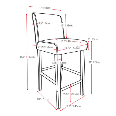 red Wooden Bar Stool Bar Height Ira Collection measurements diagram by CorLiving#color_red