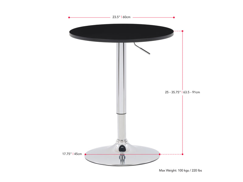 black Adjustable Height Bar Table, Round Maya Collection measurements diagram by CorLiving