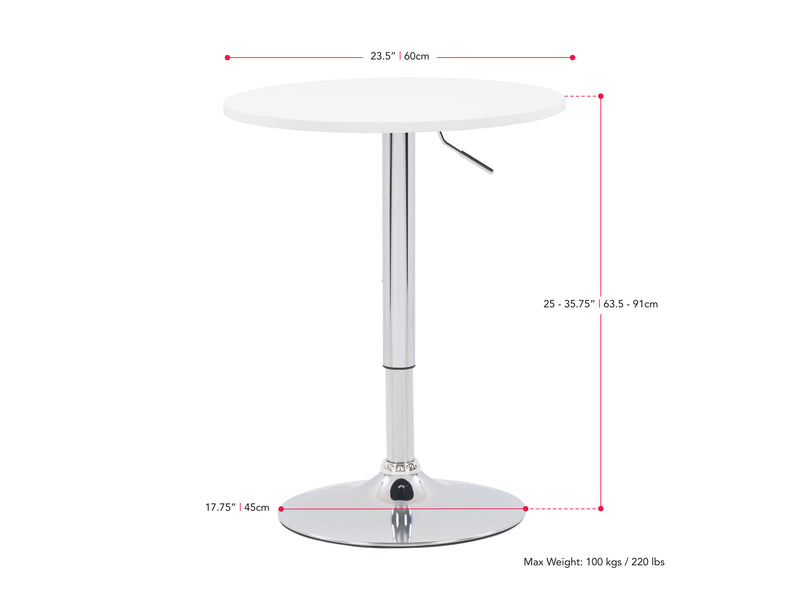 white Adjustable Height Bar Table, Round Maya Collection measurements diagram by CorLiving