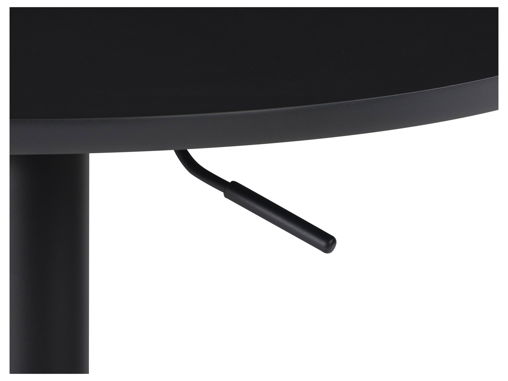 Black adjustable-height bar table with round top, sleek metal base, and footrest. Modern design with smooth finish, ideal for home bars, kitchens, or dining areas.