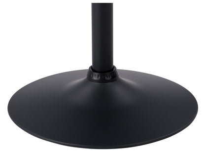 Modern bar table with sleek black metal frame, round wooden top, and footrest. Ideal for contemporary settings. Durable construction, minimalist design, and versatile for kitchen or bar area.