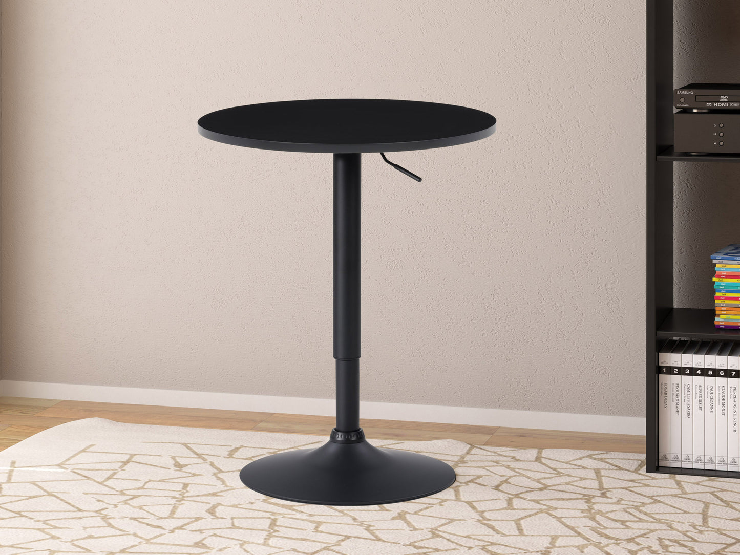 Modern bar table with natural wood top, black metal frame, and footrest. Sleek design with a rectangular surface, ideal for home bars or kitchen islands. Durable, minimalist style perfect for contemporary interiors.