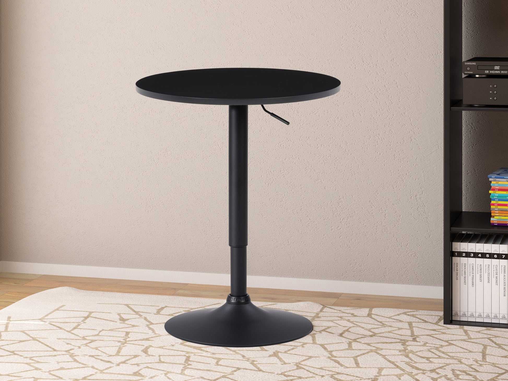 Modern bar table with natural wood top, black metal frame, and footrest. Sleek design with a rectangular surface, ideal for home bars or kitchen islands. Durable, minimalist style perfect for contemporary interiors.