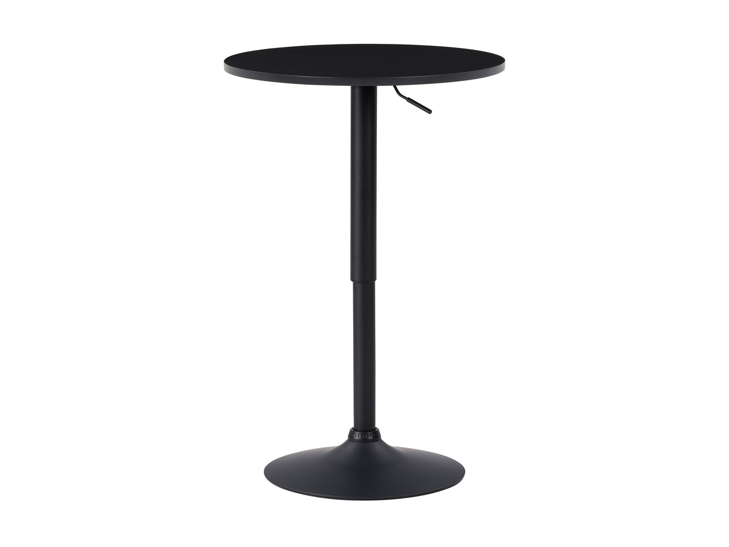 Black adjustable height bar table with round top and sleek metal base, featuring a modern design suitable for contemporary home or bar settings.