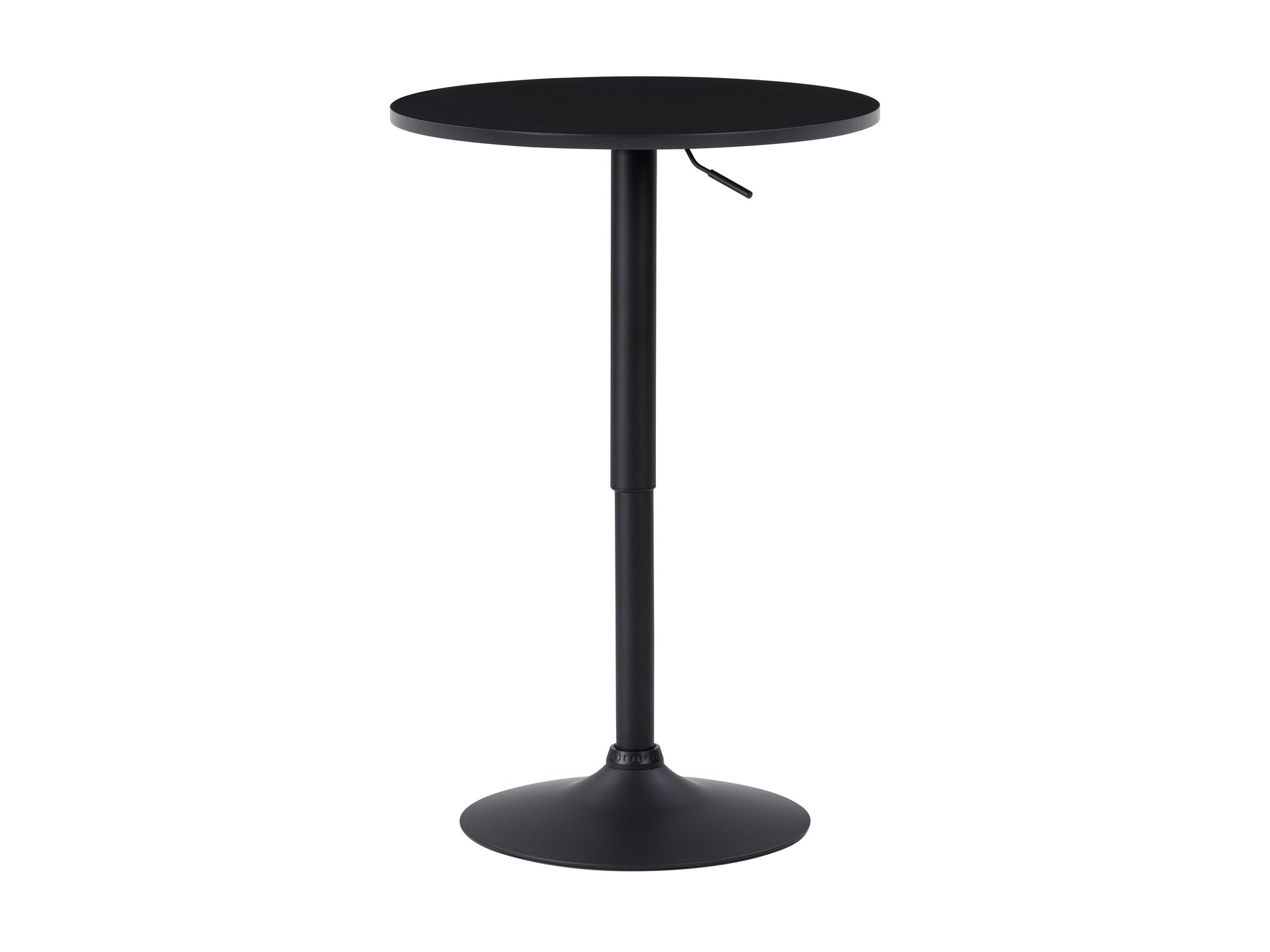 Black adjustable height bar table with round top and sleek metal base, featuring a modern design suitable for contemporary home or bar settings.