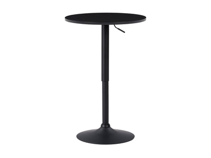 Black adjustable height bar table with round top and sleek metal base, featuring a modern design suitable for contemporary home or bar settings.